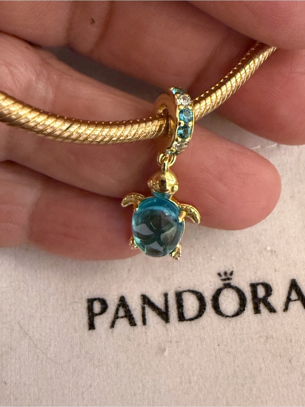 Pandora Gold Turtle Charm with Teal Crystal and Accents